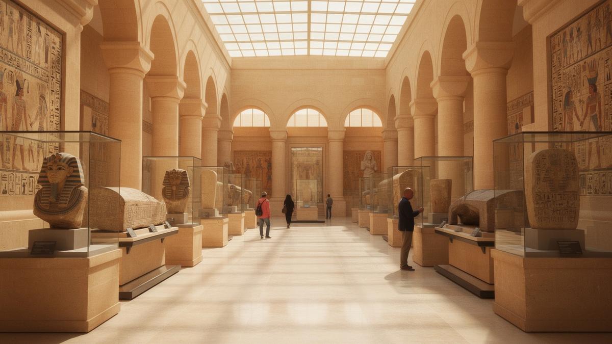 Warm editorial-style view inspired by the Great Egyptian Museum and ancient Egyptian artifacts